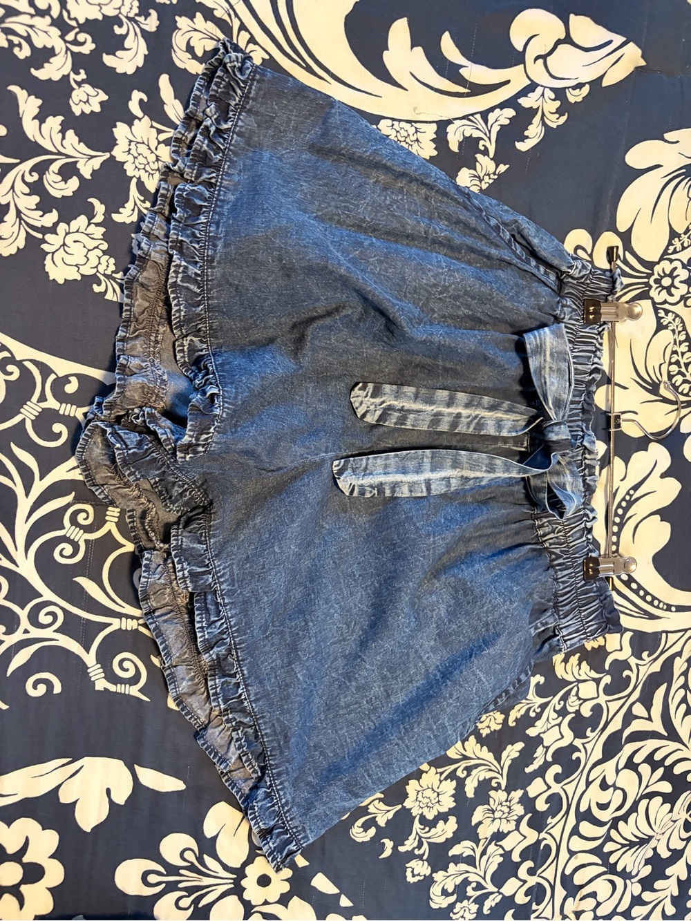 Angie Blue Ruffle-Hem Jean Shorts with Tie Waist